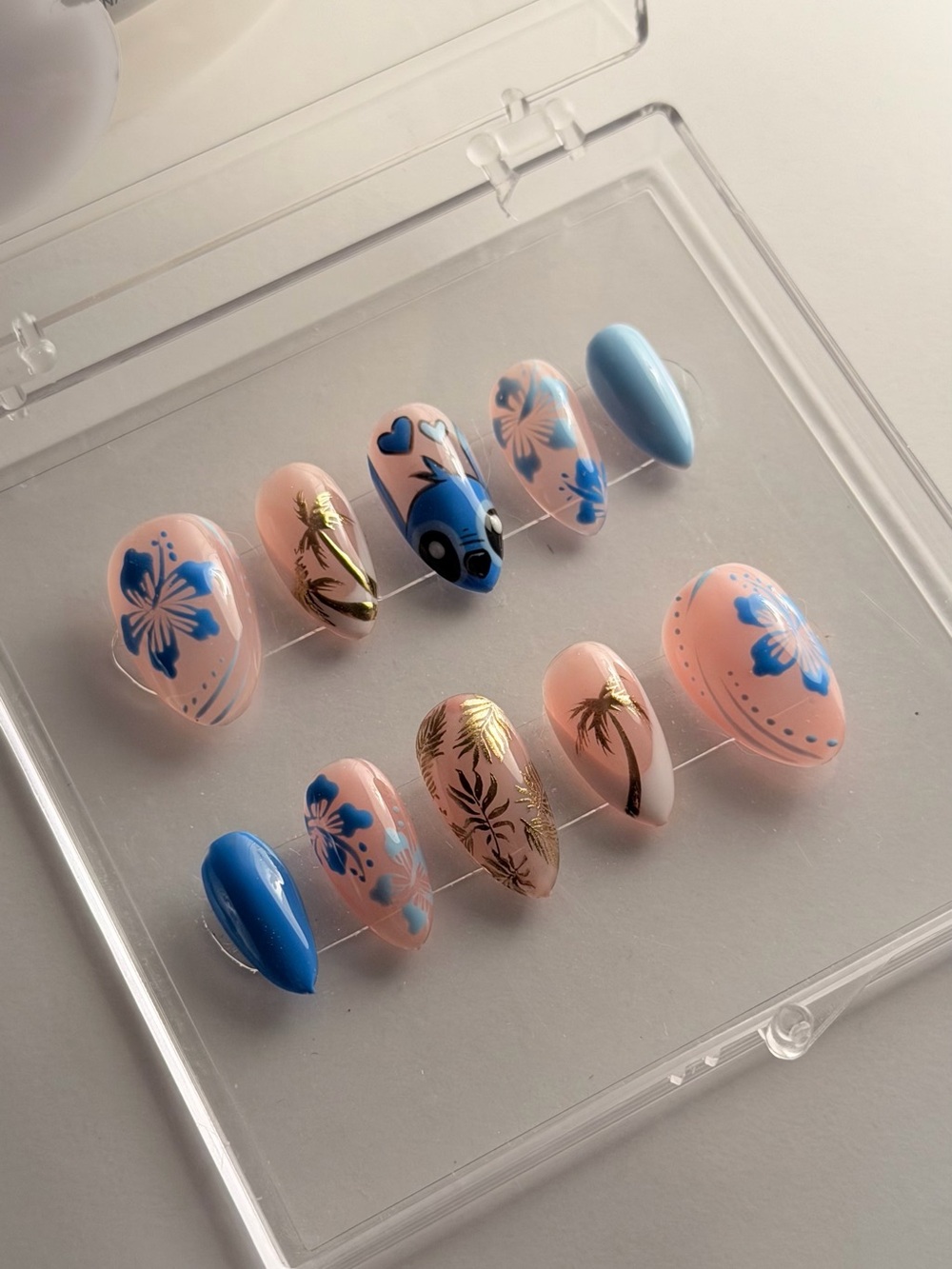 Hand-Painted Tropical Blue & Peach Press-On Nail Set